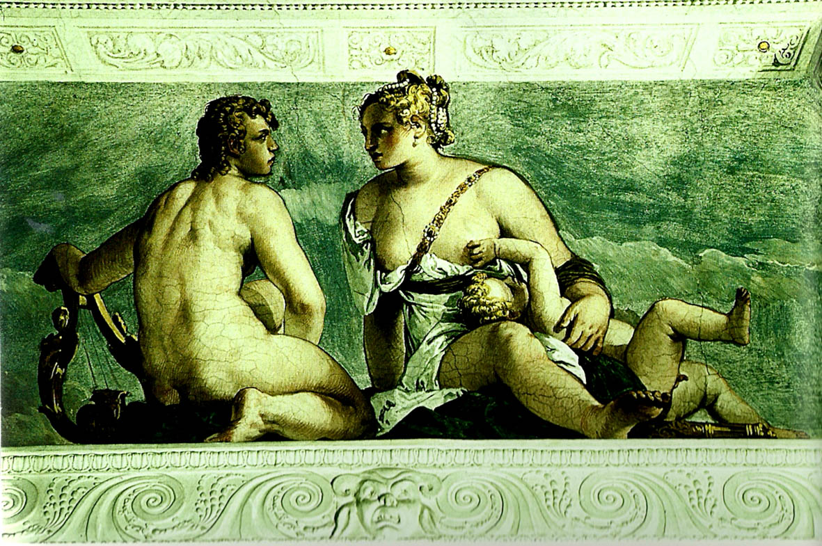 detail of ceiling of the stanza di bacco showing and venus maser, villa barbaro,